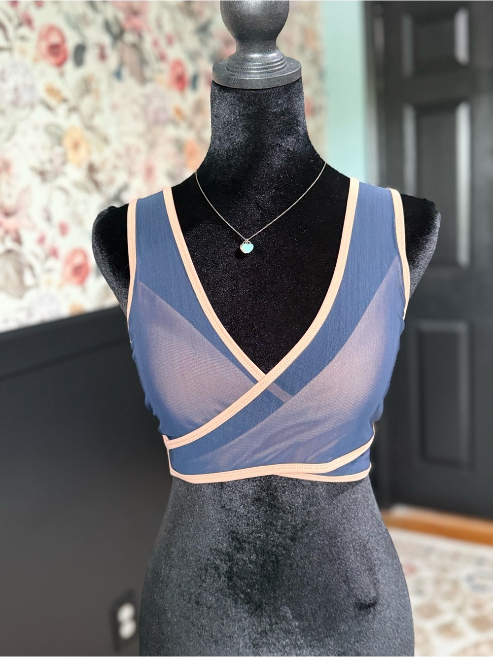 Fabletics Blue Mesh Wrap Sports Bralette with Cream Trim